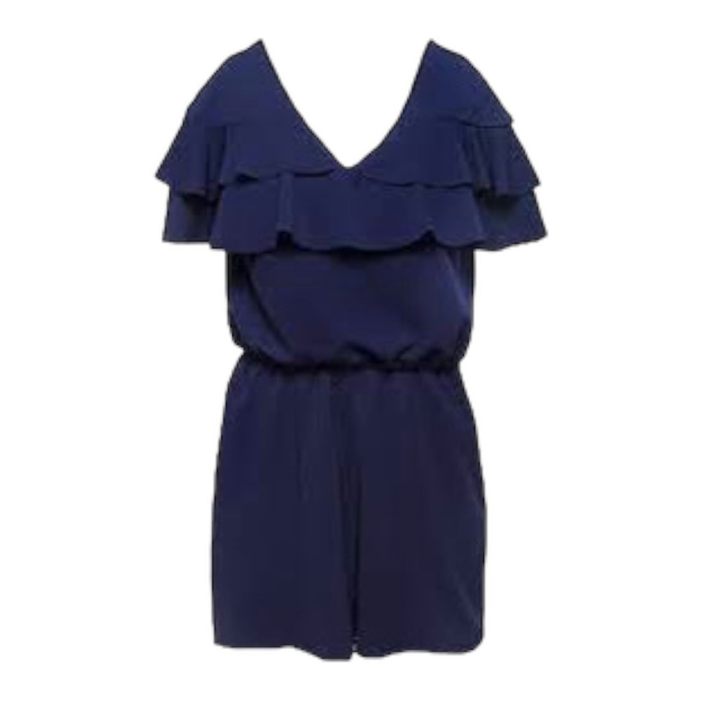 Maddie Navy Blue Ruffle Tiered V Neck Romper fully lined bodice size large